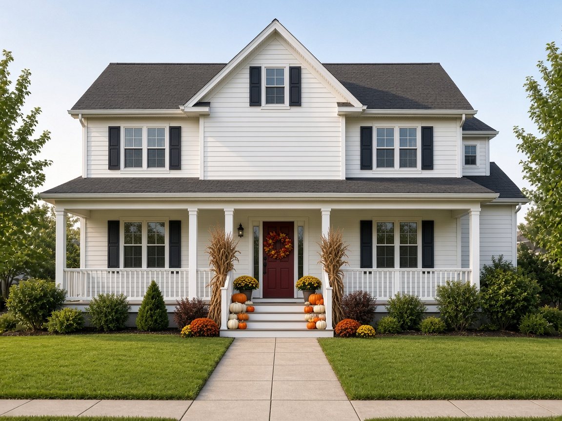 White colonial farmhouse porch decorated for Thanksgiving with pumpkins, potted mums, cornstalk bundles and a harvest wreath on the red door