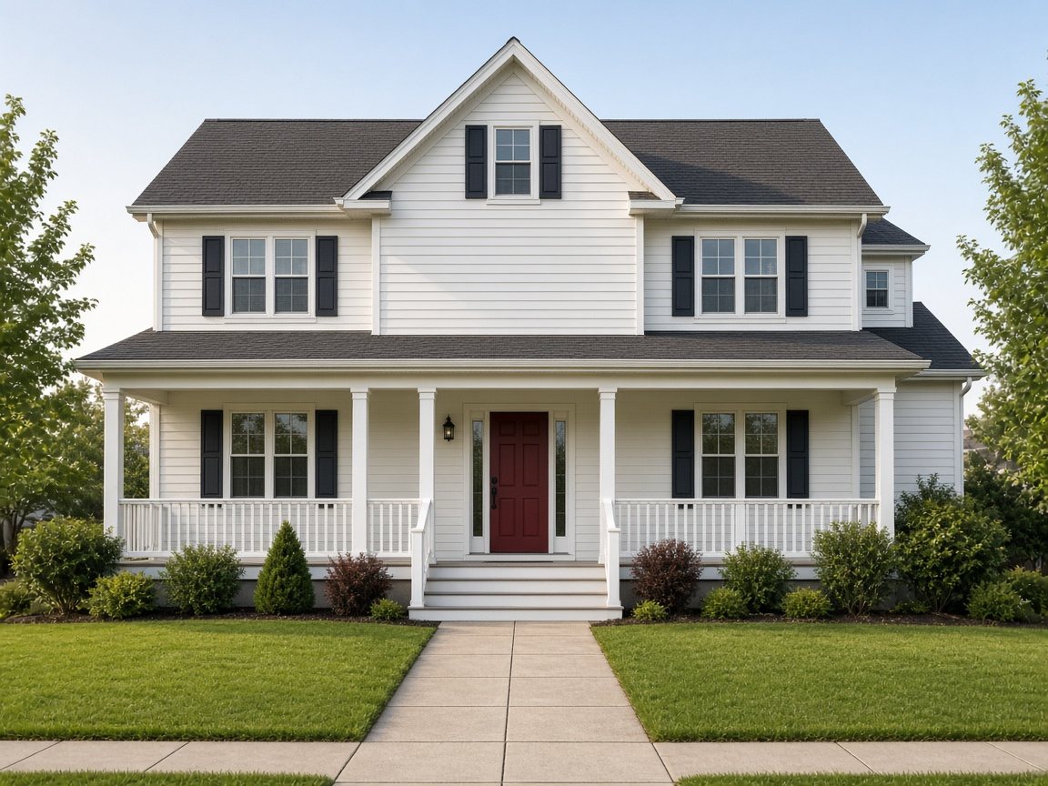 Daytime photo of a two-story white colonial house with black shutters, a covered front porch and a red door