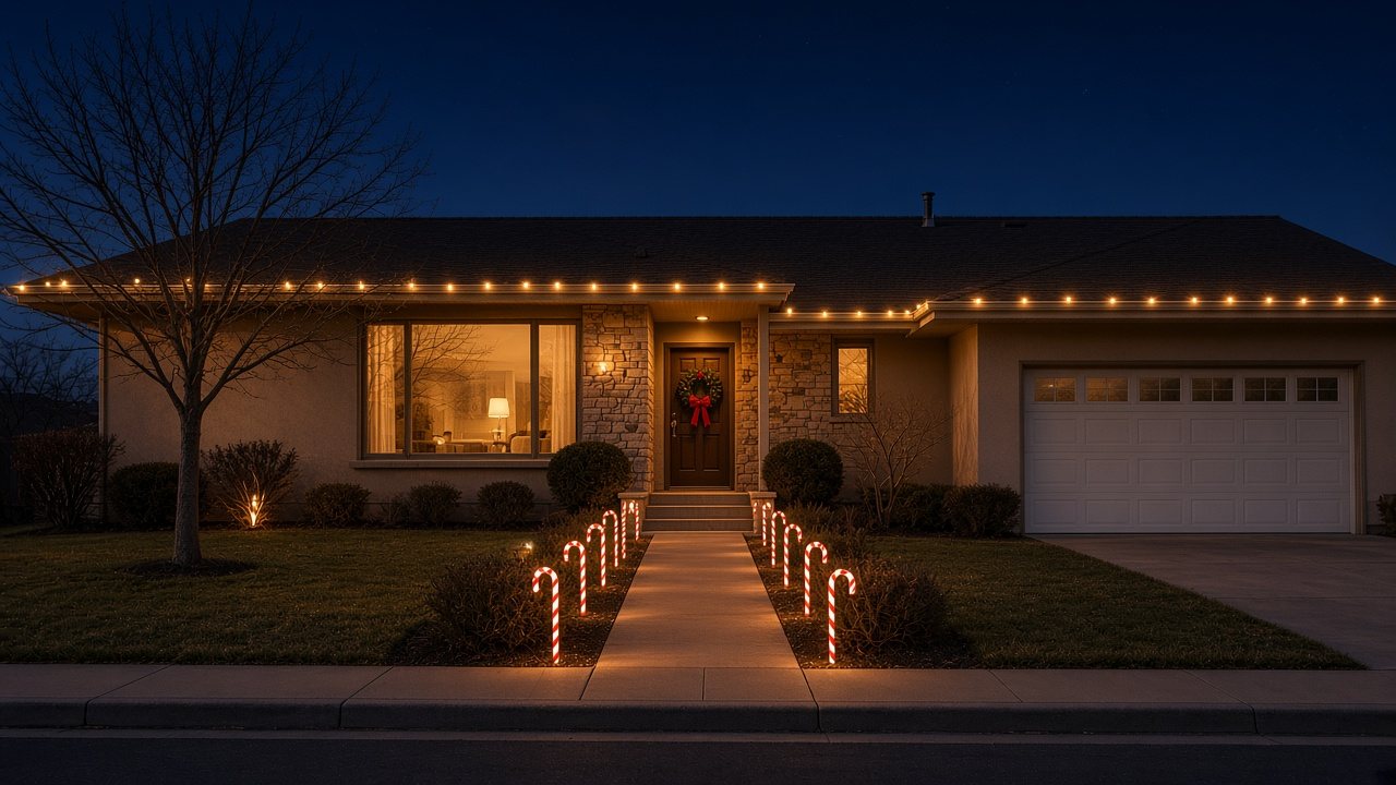 Ranch house at night with glowing candy-cane stakes and path lights lining the front walkway, a wreath on the door and warm white roofline lights