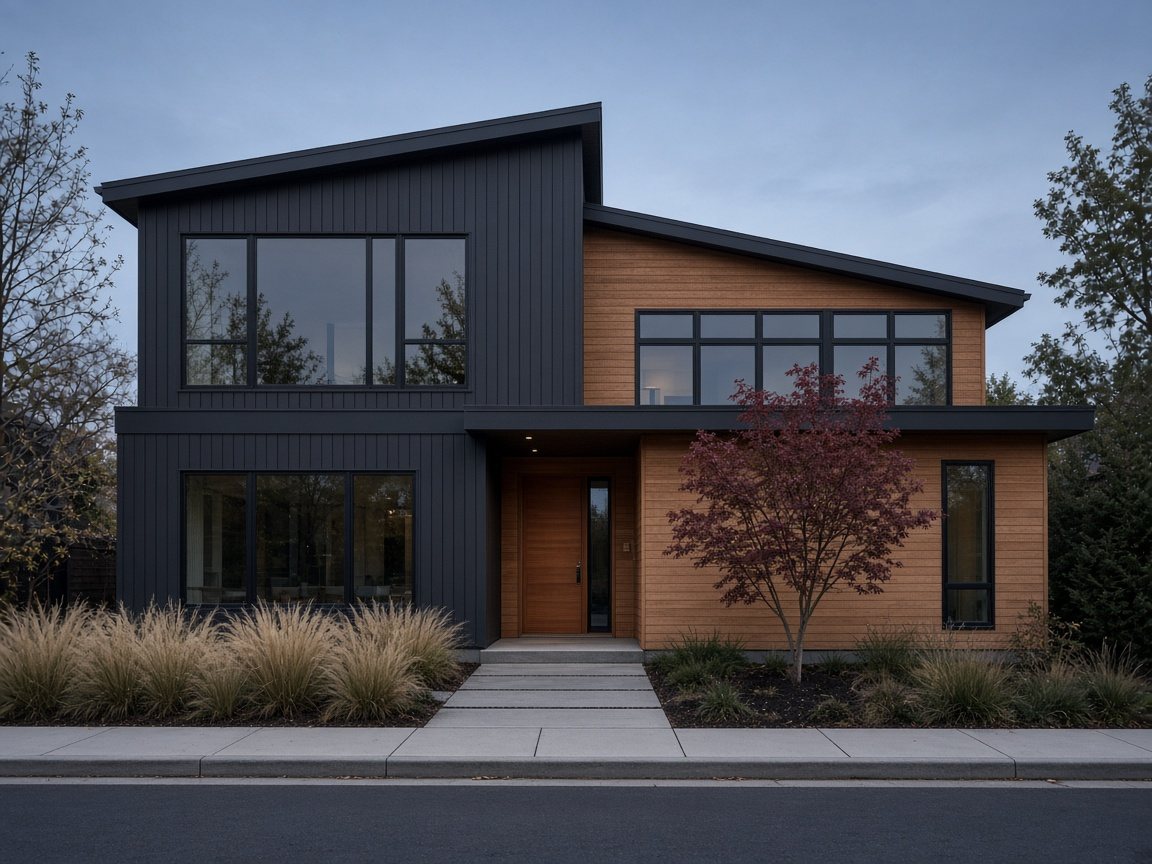 Blue-hour photo of a modern two-story house with charcoal vertical siding, cedar panels and large black-framed windows
