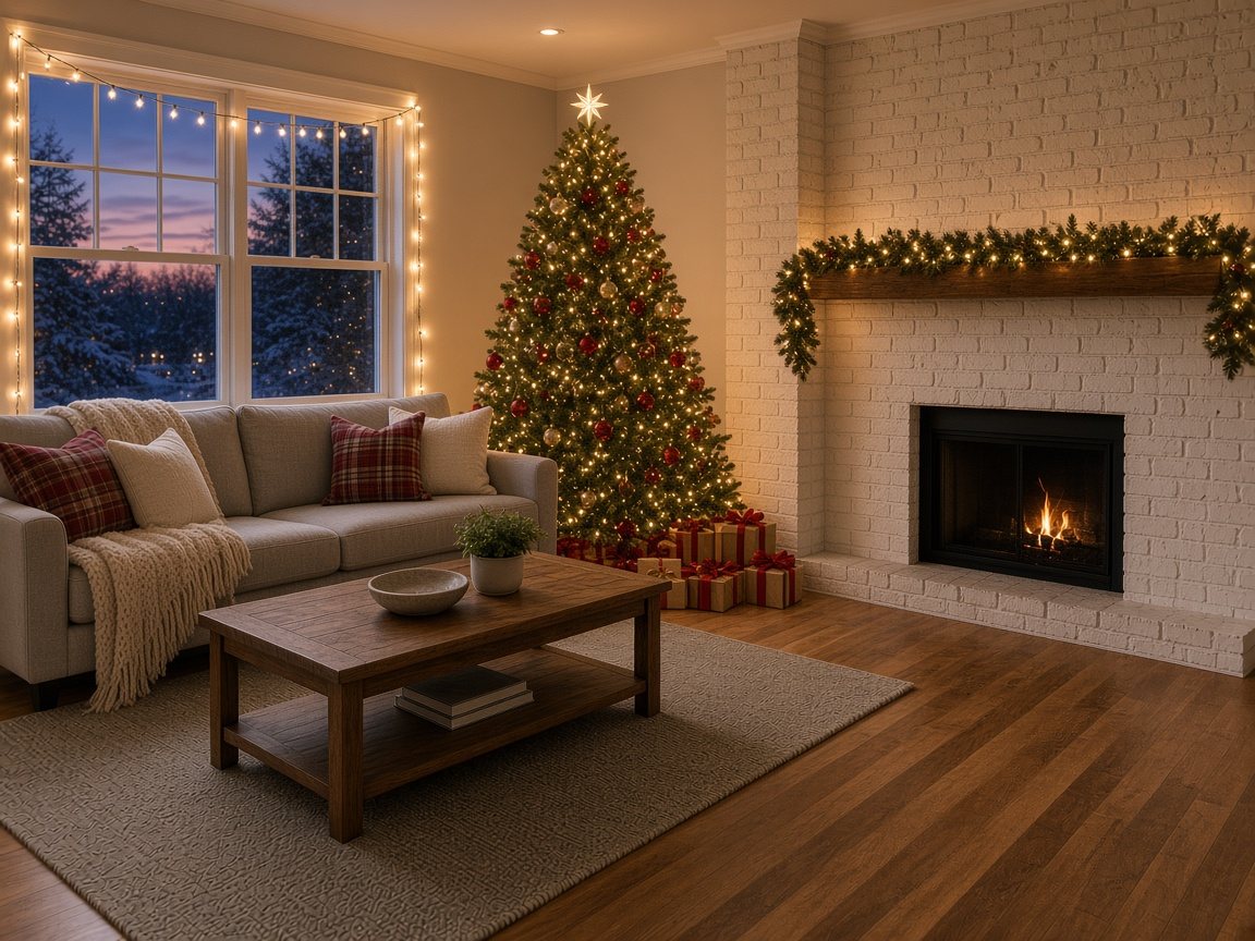 Cozy living room fully decorated for Christmas with a lit tree beside the fireplace, mantel garland, window string lights, plaid pillows and wrapped gifts