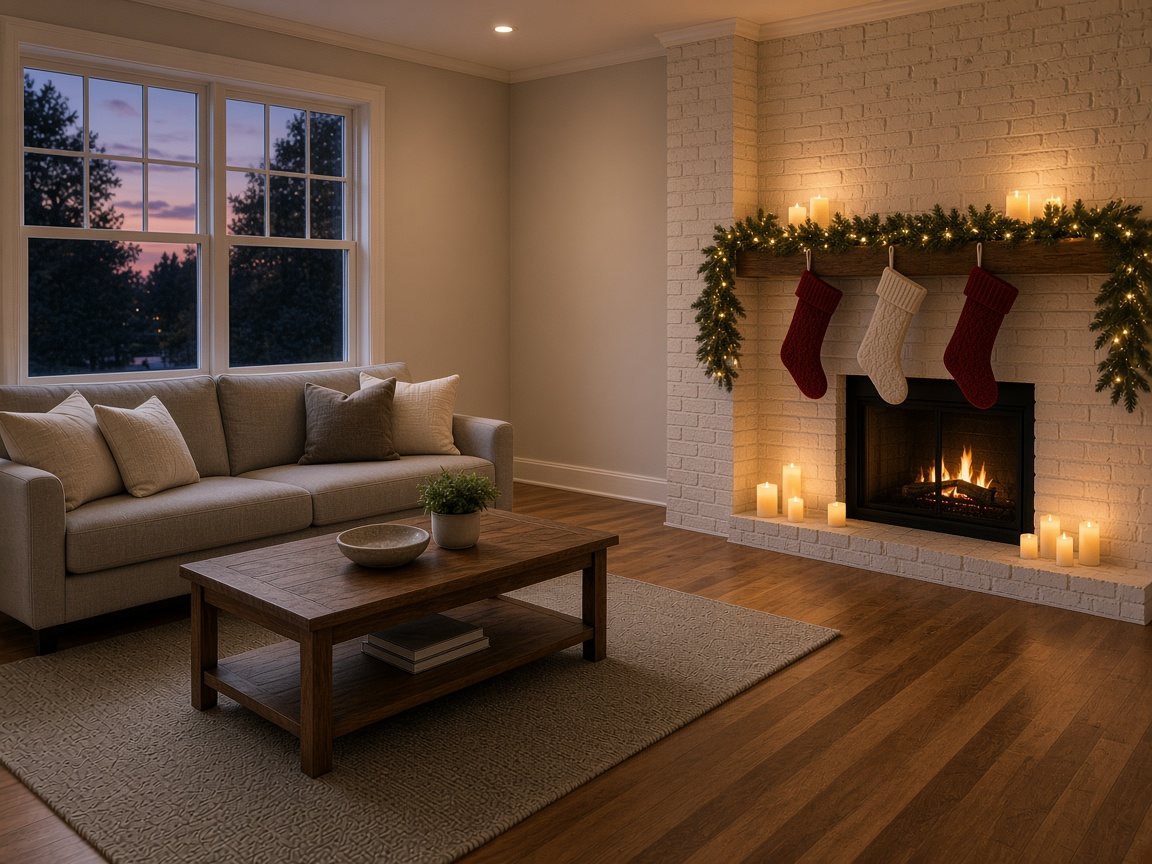 Living room with a white brick fireplace decorated with a lit evergreen garland on the mantel, knit stockings, LED candles and a glowing fire