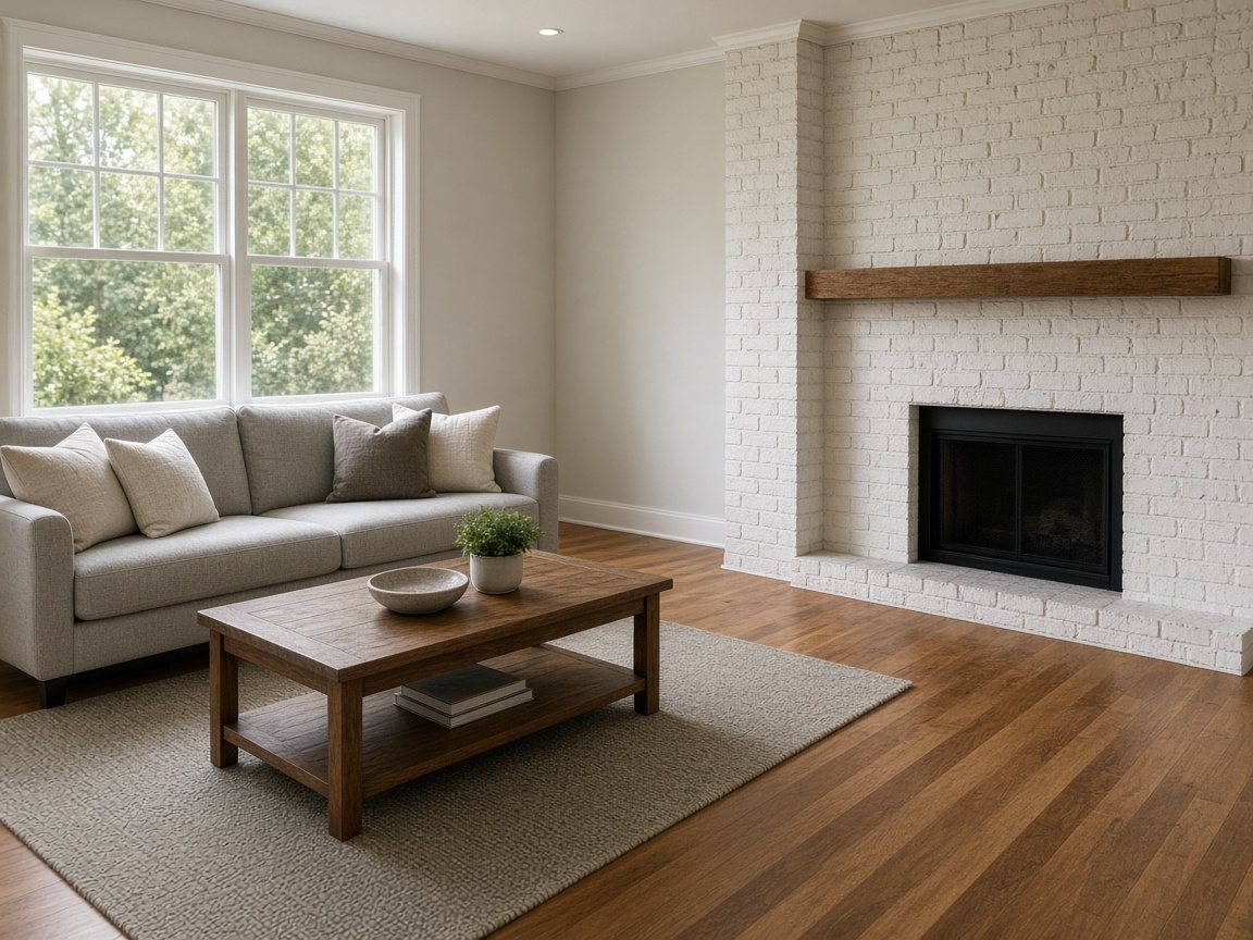 Daytime living room with a white painted brick fireplace, wooden mantel, gray sofa and wooden coffee table